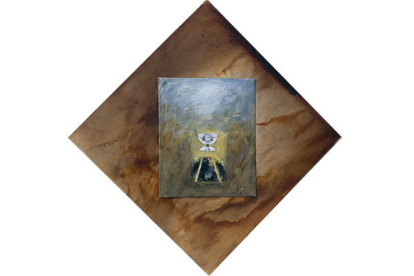 THE HOLY GRAIL SERIES II<br>1996, 170x170cm<br>técnica mixta s/madera y tela transparente